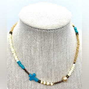 Blue Cross Golden Beaded Necklace (NWT) Southwestern Boho Classic Coastal